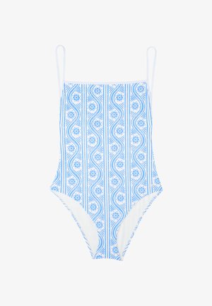 Maillot de una pieza con un patrón floral en azul y blanco, tirantes finos y abertura de pierna alta. Hecho de una tela suave y elástica.