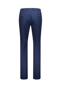 Marineblaue Hosen aus glattem Stoff, mit geradem Bein, Gürtelschlaufen und zwei Gesäßtaschen mit Knopfverschlüssen.