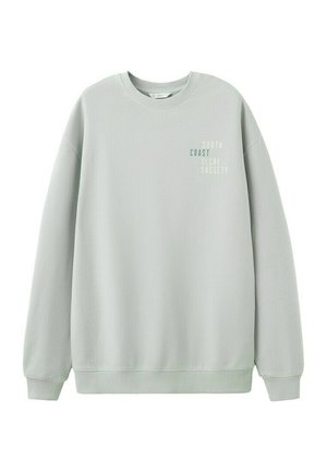 Lichtgrijze crewneck-trui met lange mouwen en kleine gedrukte tekst "South Coast Slide Society" op de bovenste linkerborst.