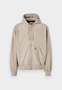 Beige zip-up hoodie van een katoenmix. Heeft een capuchon met trekkoord, kangoeroezakken, geribde manchetten en een logo-oppatch op de borst.