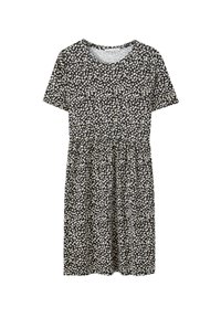 Schwarzes, kurzärmliges Kleid mit weißem Blumenmuster, geraffter Taille, rundem Ausschnitt und knielangem Rock, aus leichtem Stoff gefertigt.