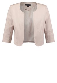 Blazer court rose clair avec manches trois-quarts, devant ouvert et doublure discrètement à pois, taille 36 de la marque comma.
