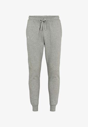 Heledad hallid dressipüksid elastse vöökohaga, nööriga, küljetaskutega, mansettidega pahkluudes ja väike valge logo vasakul reiel.