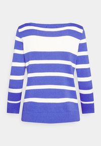 Stickad tröja med vid halsringning, med horisontella blå och vita ränder, trekvartsärmar och ribbat nederkant.