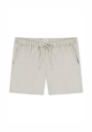 Šedé lněné šortky s elastickým pasem, nastavovací šňůrkou, bočními kapsami a uvolněným střihem. Hladká textura a jednoduchý design.