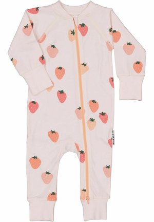Lyserød babyheldragt med fersken- og koraljordbærprint, lange ærmer, ankellommer og lynlås foran.