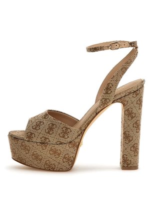 Brown high-heeled platform sandal with ankle strap and patterned fabric covering heel, platform, and upper.