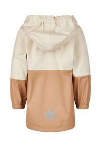 Children's hooded raincoat with beige upper half, tan lower half, elastic cuffs, and a reflective star on the back hem.