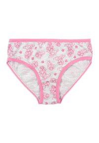 Mutande grigie con bordi rosa, caratterizzate da un motivo ripetuto di cuccioli di cartone e impronte di zampe, realizzate in morbido cotone.