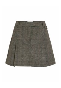 Grijs geruite plissé rok van textuurstof met een aansluitende taille en subtiele riemlussen. Ontworpen met twee zijzakken.