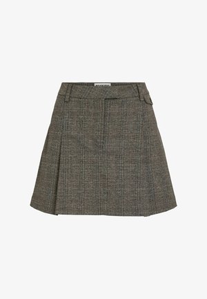 Jupe plissée à carreaux gris en tissu texturé, avec une taille cintrée et de subtils passants de ceinture. Conçue avec deux poches latérales.
