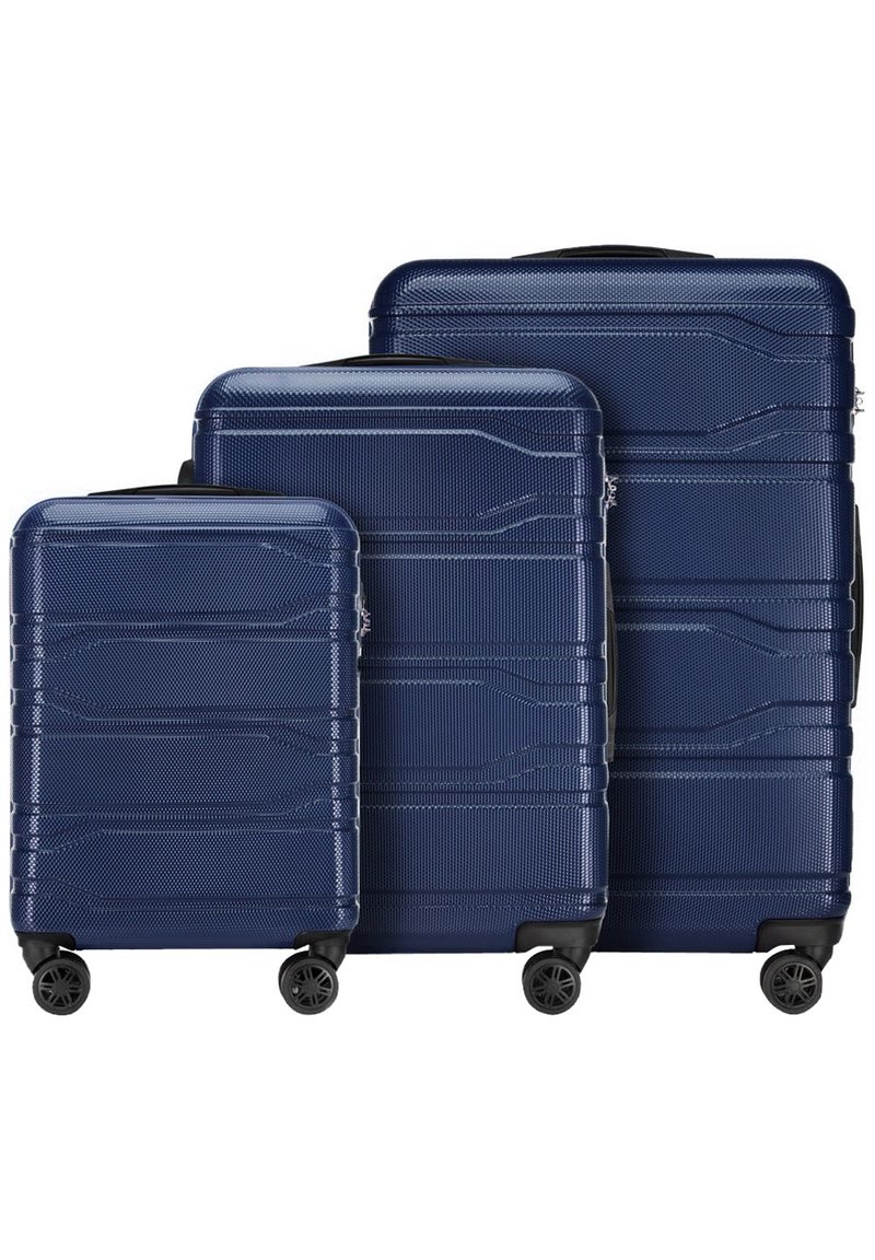 Set di valigie rigide blu navy con superficie texture, composto da tre dimensioni impilate. Ogni valigia ha una maniglia retraibile e quattro ruote.
