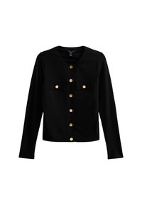 Veste noire à manches longues avec des boutons dorés, deux poches avant et un col rond ; fabriquée dans un tissu lisse et extensible.