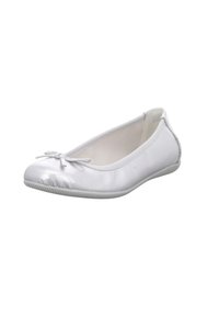 Ballerine sintetiche argento con punta rotonda, caratterizzate da un piccolo fiocco sul davanti e una suola in gomma texturizzata.