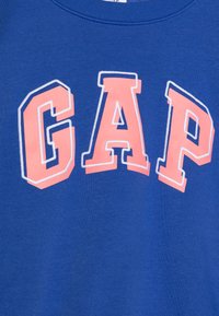 Zils džemperis ar vārdu "GAP" lielos, treknos rozā burtiem ar baltu kontūru. Mīksts audums ar klasisku apaļu kakla izgriezumu.