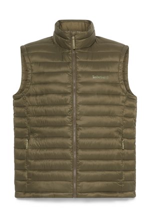 Olive green insulated vest with vertical quilting, stand-up collar, full front zipper, and side zip pockets. Made from lightweight material.