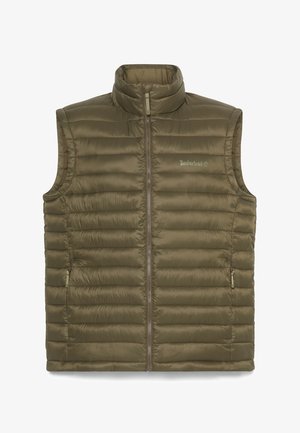 Chaleco aislante verde olivo con acolchado vertical, cuello alzado, cremallera frontal completa y bolsillos laterales con cremallera. Fabricado con material ligero.