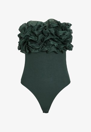 Maillot de bain une pièce vert foncé avec un buste texturé à volants et un bas lisse et côtelé. Design classique avec une silhouette ajustée.