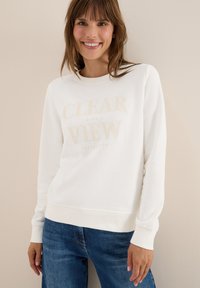Sweatshirt blanc avec un col arrondi, des poignets et une ourlet côtelés ; présente le texte "CLEAR VIEW" dans une couleur claire et subtile sur le devant.