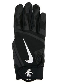 Svart sports hanske med teksturert håndflate og myk stoff. Har hvit logo, elastisk håndleddsrem og tilpasset fingerdesign.