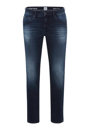 Jeans in denim blu scuro con una vestibilità dritta, che presentano una leggera sbiaditura, cinque tasche e una vita con marchio.