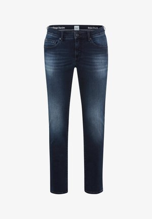 Donkerblauwe denim jeans met een rechte pijpdesign, voorzien van subtiele vervaging, vijf zakken en een gebrandmerkte tailleband.