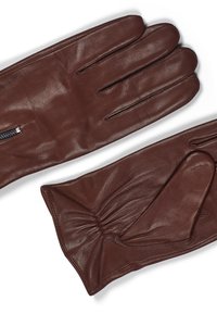Brune skinnhansker med en glatt tekstur, utstyrt med et samlet håndledddesign og en glidelås på siden for enkel påkledning.