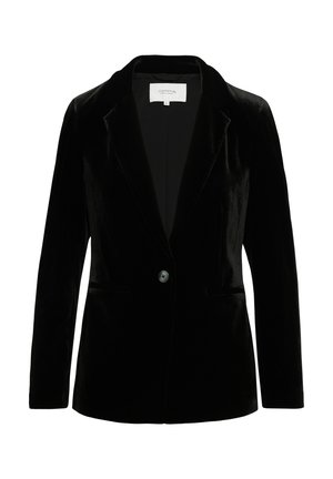 Black velvet blazer with a notched lapel, single button closure, side pockets, and a smooth inner lining. Classic tailored shape.