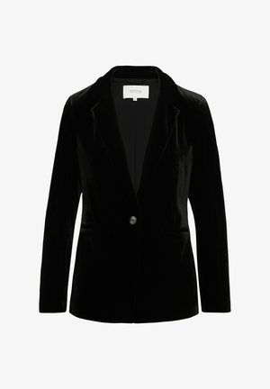 Czarny aksamitny żakiet z klapami, pojedynczym zapięciem na guzik, bocznymi kieszeniami i gładką podszewką. Klasyczny, dopasowany kształt.