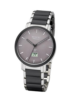 Montre-bracelet Round Regent avec cadran gris, bracelet métal noir et argent, aiguilles analogiques, et un petit affichage numérique de la date indiquant "14".