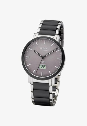 Round Regent wristwatch with gray dial, black and silver metal band, analog hands, and a small digital date display showing "14".