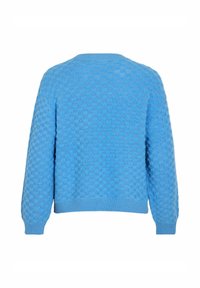 Pull bleu tricoté avec un motif à bulles texturé, ourlet et poignets côtelés, et un col rond. Vue de dos, coupe décontractée.