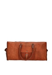 Brown leather duffel bag with two top handles, adjustable shoulder strap, and front pocket with a snap closure. Smooth texture, rectangular shape.