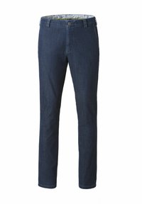 Mørkeblå denim bukser med lige ben-design, der har en knaplukning og et subtilt blomstermønster på den indre talje.