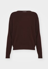 Pull à col rond à manches longues de couleur brun foncé, avec poignets et ourlet côtelés, présenté sur un fond blanc uni.