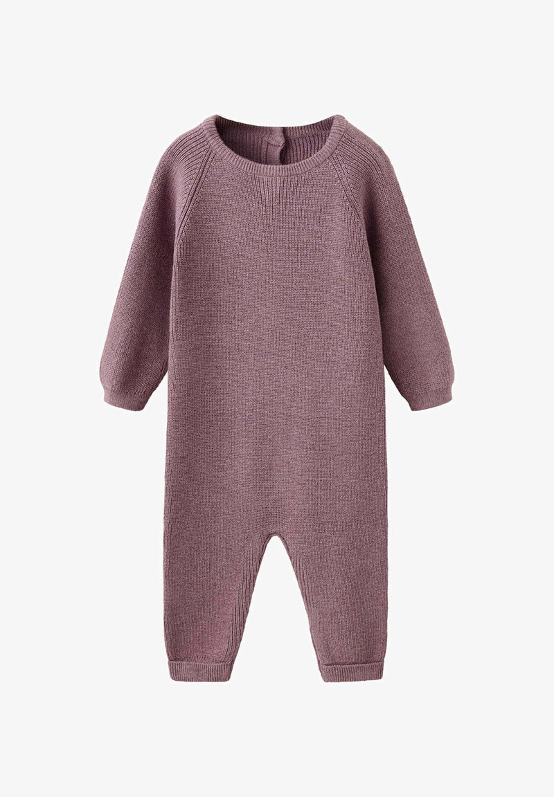 Barboteuse tricotée mauve pour bébé, manches longues, encolure ronde et poignets côtelés aux poignets et aux chevilles.