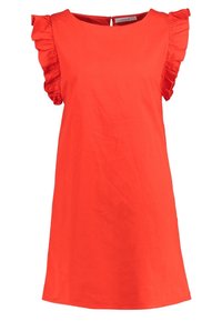Czerwona bawełniana sukienka z falbankowymi rękawami, okrągłym dekoltem i detalem w kształcie łezki na plecach. Gładka faktura i długość powyżej kolan.