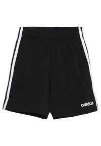 Pantalones cortos deportivos negros con franjas laterales blancas y una cintura elástica. Cuenta con dos bolsillos laterales y un pequeño logo blanco en la parte frontal.