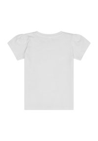 Weißes T-Shirt mit kurzen Ärmeln, das einen klassischen Rundhalsausschnitt und gathered Puffärmel aufweist, aus weichem Baumwollstoff gefertigt.