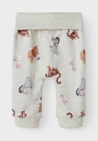 Lichtgrijze katoenen shorts met een geribde tailleband, versierd met kleurrijke cartoon dierenpatronen waaronder Winnie de Poeh en Tigger.