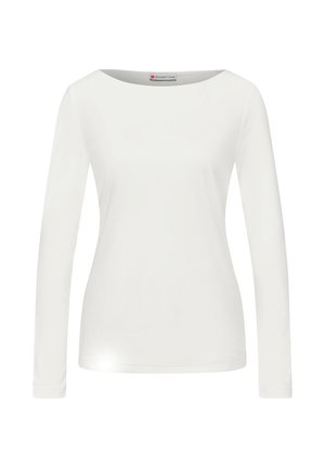 Valkoinen, pitkähihainen, vartalonmyötäinen naisten paita venepääntiellä, tehty sileästä kankaasta, esitetty yksivärisellä valkoisella taustalla.