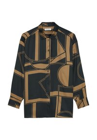 Langærmet skjorte i sort og tan, med geometriske former og linjer, lavet af et glat stof med knaplukning foran og krave.