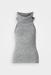 Maglione senza maniche a collo alto grigio, lavorato a maglia, con un colletto ripiegato e una texture liscia. Presenta aperture per le braccia sui lati.