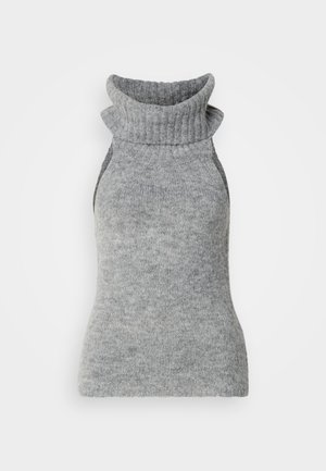 Gray knitted sleeveless turtleneck sweater with a folded, ribbed collar and smooth texture. Features armholes on the sides.