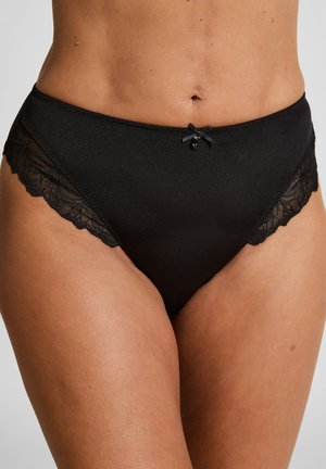 Schwarze hoch geschnittene Unterwäsche aus glattem Stoff, mit Spitzenverzierungen entlang der Kanten und einem kleinen Schleifenakzent an der Vorderseite.