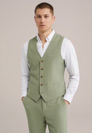Light green waistcoat made of textured fabric, featuring a five-button front, two pockets, and a notched lapel, worn over a white shirt.