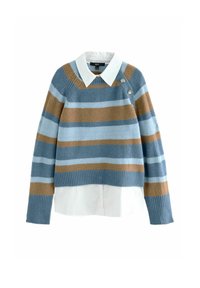 Pull rayé en bleu clair et marron, avec une texture côtelée, un col rond, des manches longues, et une chemise blanche en dessous.