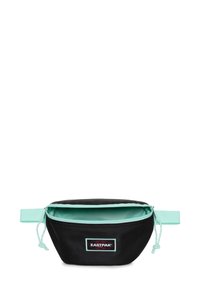 Bolso de tela negra con un interior y acentos en verde menta. Cuenta con una cremallera en la parte superior y una etiqueta con el logotipo. Diseño compacto y redondeado con asas laterales.