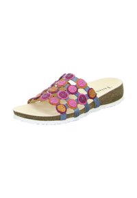 Multicolored slide sandal with circular accent details in pink, orange, and purple, on a natural cork footbed, with a white rubber outsole.