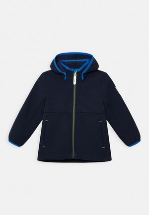 Veste à capuche pour enfants bleu marine avec bordure bleu vif sur la capuche et les poignets, fermeture éclair verte et poches avant, posée à plat sur fond blanc.